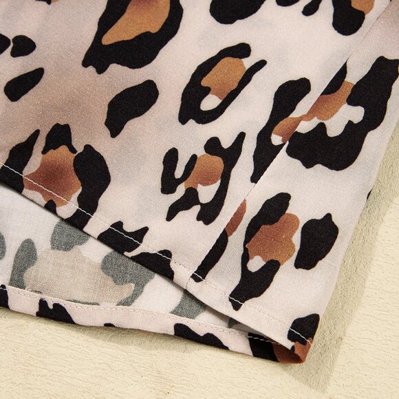 B313  Kahiki Leopard Print Color block Striped Edge Shirt and Pants Pajama Set - Picture 12 of 14